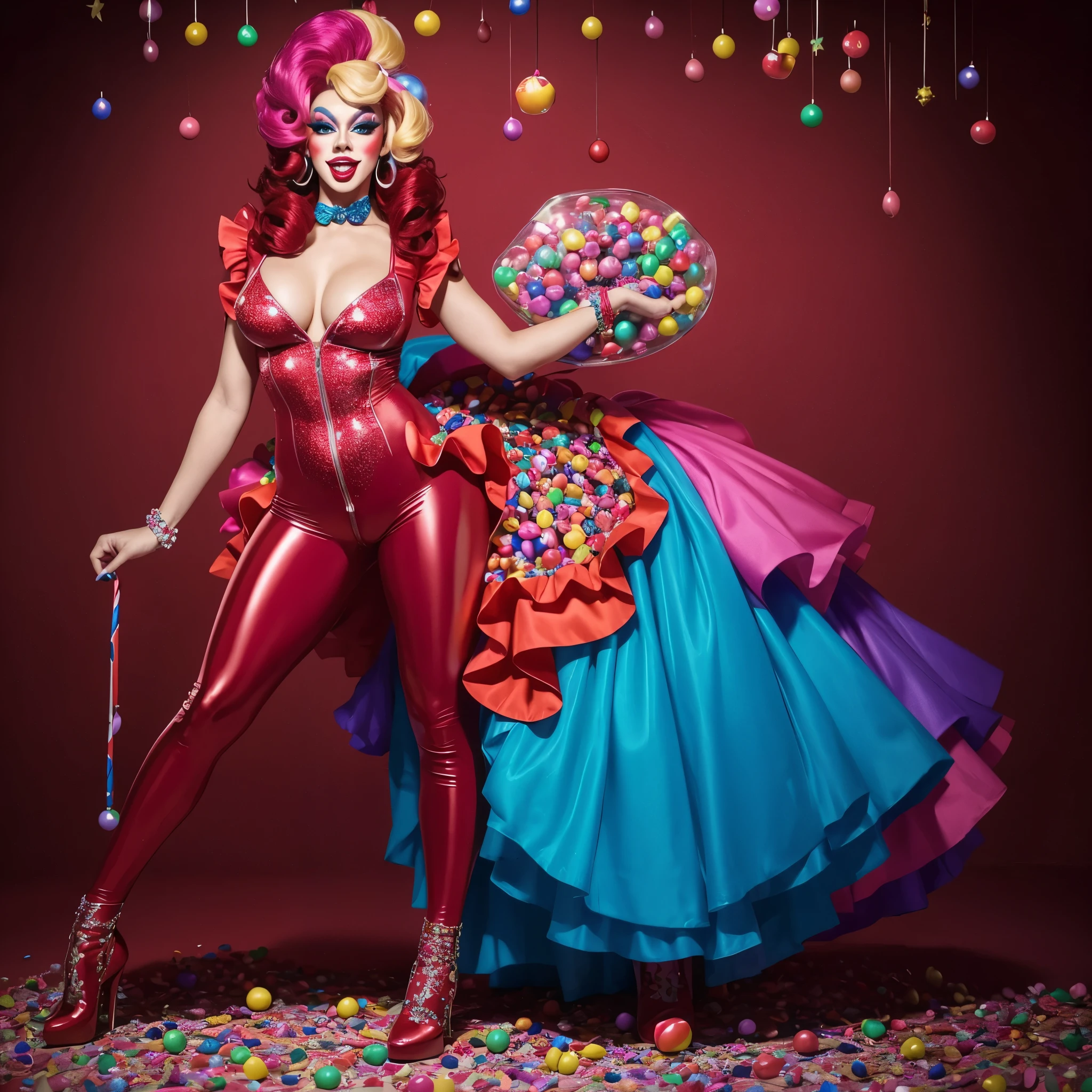 Drag queen named cookie clown with a Very red noise in a body suit , made out of many colors of candys like gum drops and peppermints (show her full gown in the image)