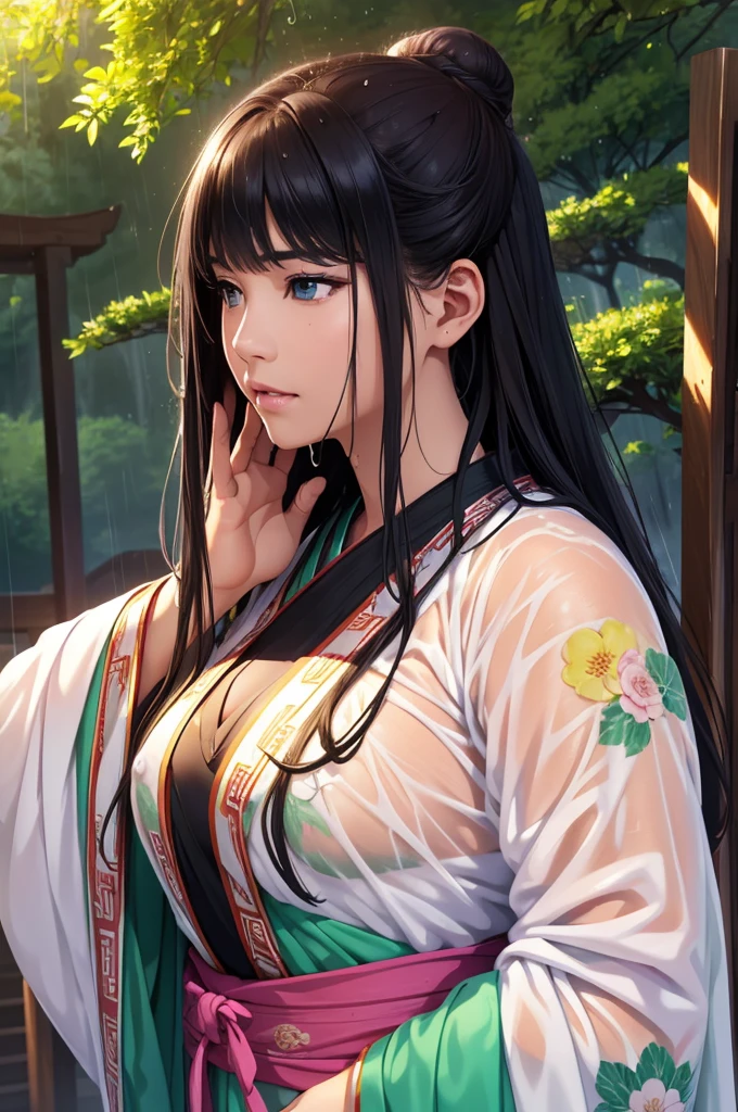 field、in the forest、Waterfront、 (Highest quality,4K,8k,High resolution,masterpiece:1.2), Very detailed, (Realistic,Realistic,Photorealistic:1.37), High resolution, Hyper HD, Studio Lighting, Ultra-fine painting, Sharp focus, Physically Based Rendering, Very detailed説明, Professional, Vibrant colors, Bokeh, Sports Late, Ancient War Landscapes, Traditional Chinese Painting Techniques, Atmospheric lighting, Vivid color contrast, Visually stunning composition, Ethereal atmosphere,Very detailed目と顔, Beautiful attention to detail, Light on the face, (Hanfu: 1.1),My whole body is wet、My clothes are wet and transparent、Nipples are visible、nipples color pale pink、Dynamic pose、Rain clouds spreading across the sky、Heavy rain weather、Pouring rain、Wind and rain storm、((Soaked skin from head to toe))、((Rain-soaked clothes(Rain dripping from clothes))、((The lines of your body are clearly visible through your wet clothes..))、Green Eyes、Serious expression、Disheveled clothing、Slim figure