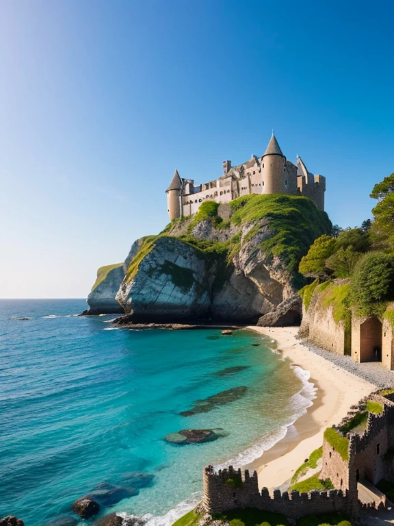 An ancient stone castle standing by the sea Cliffs and the sea Rustic Castle There are stone villages around:1.8