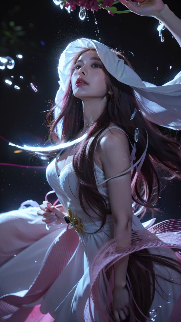 Light pink hair, pink eyes, pink and white, sakura leafs, vivid colors, white dress, paint splash, simple background, ray tracing, wavy hair, head tilted to the right