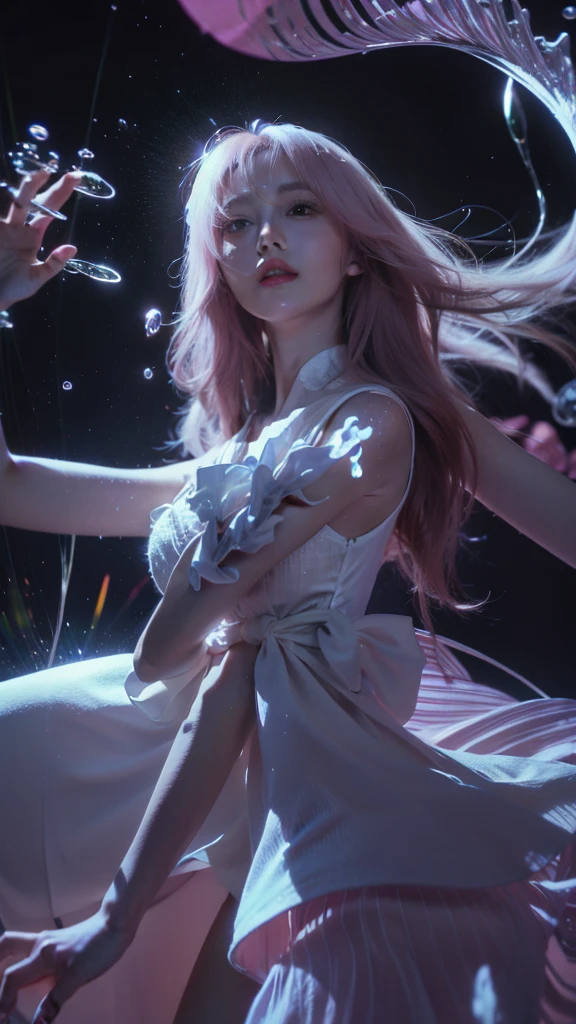 Light pink hair, pink eyes, pink and white, sakura leafs, vivid colors, white dress, paint splash, simple background, ray tracing, wavy hair, head tilted to the right