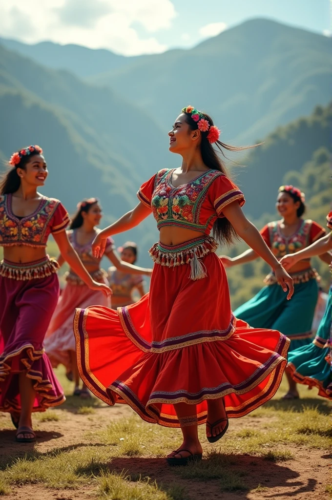 Women dancing the huaylash dance with their clothing and the Mantaro valley in the background