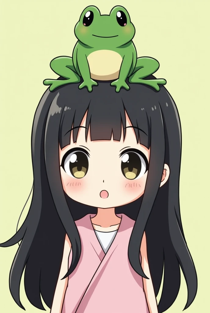 cute girl, anime style,On his head is a green frog, chibi style, long hair, black hair
