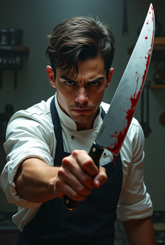 An angry young chef with a big knife in his hand and blood on it
