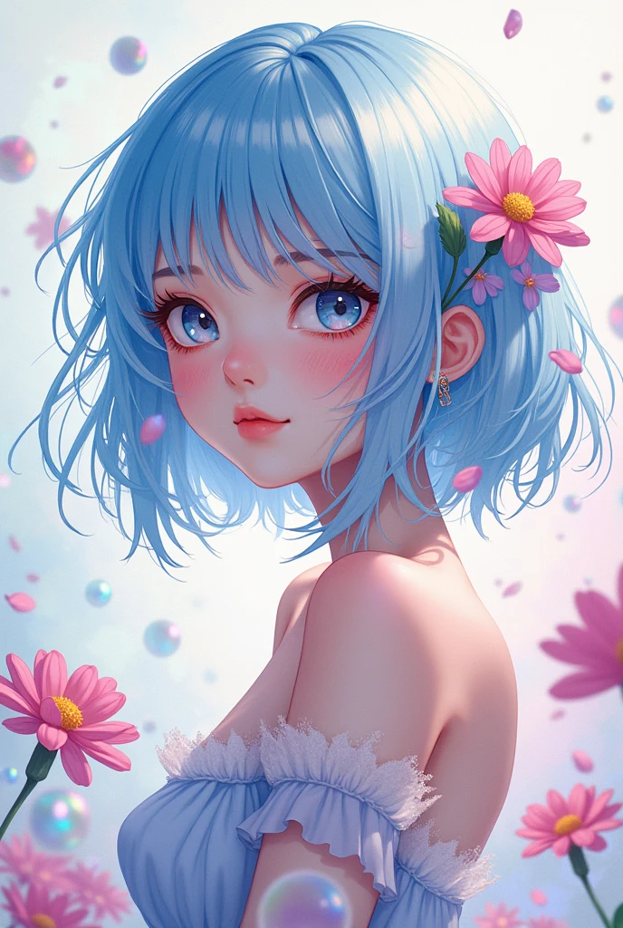 (work of art), (best qualityer), (ultra detaild),(Shaggy hair),(illustration), (1 girl), (Trendy clothes), standing, model fashion, looking ahead at viewer, (interview), (simple background),beautiful detailed eyes, delicate and beautiful face, floating,(high saturation),(colorful splashing),colorful bubble,(glimmering), facefocus, hypdertailed, kamisato ayaka, hair light blue, bangss, hair ring, floating flowers, floating hair, (glimmering), better lighting, best shade,