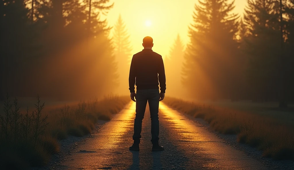 The image must depict a man with his back turned at a crossroads, where there are two distinct paths. One path should be lit while the other path should be darker.. The person must be still, apparently in doubt about which path to take.