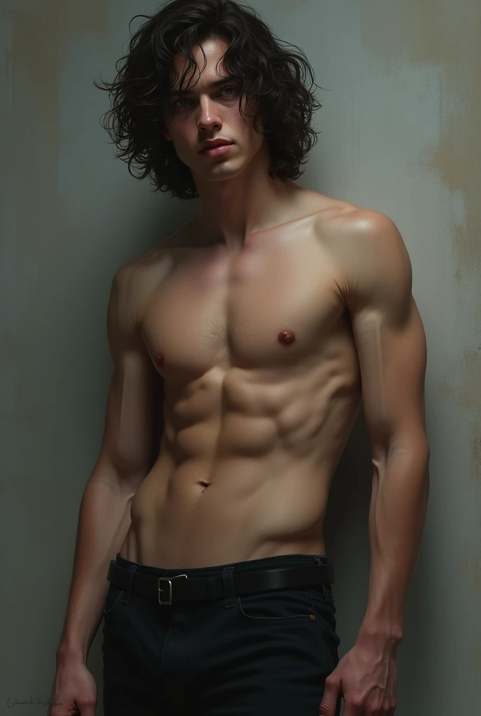 Make an 18 year old MAN very dark with long curly dark brown hair, thin physique with completely naked muscle