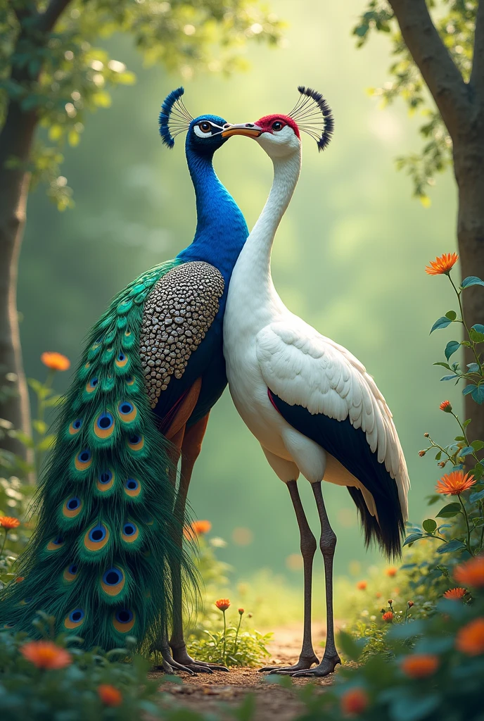 Peacock and crane friends