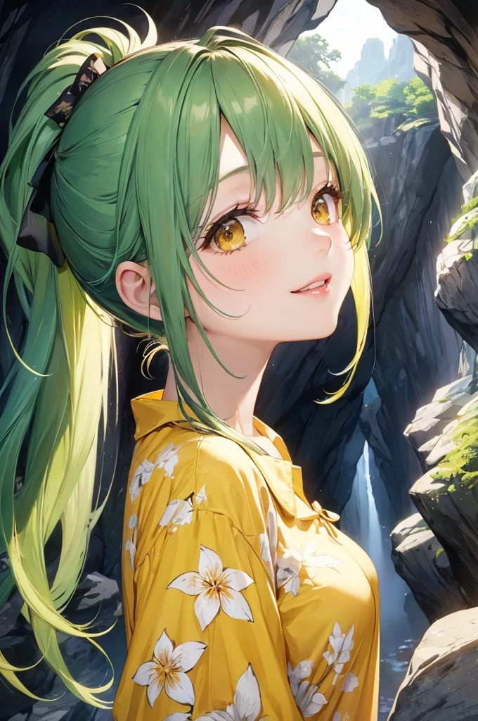 profile, (sightseeing style), (looking up, solo:2, 15 yo), (beautiful ponytail) (glossy beautiful green hair long hair) (beautiful cute girl), (glossy lip, happy smile, best beauty closed eyes), (medium tits), in a casual yellow tropical blouse, short pants, break, deep in the darkness Limestone cave of Gyokusendo cave, BREAK, perfect anatomy, masterpiece, best quality, 16k, beautiful detailed Dim, daydreaming expression.