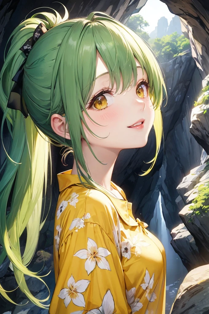 profile, (sightseeing style), (looking up, solo:2, 15 yo), (beautiful ponytail) (glossy beautiful green hair long hair) (beautiful cute girl), (glossy lip, happy smile, best beauty closed eyes), (medium tits), in a casual yellow tropical blouse, short pants, break, deep in the darkness Limestone cave of Gyokusendo cave, BREAK, perfect anatomy, masterpiece, best quality, 16k, beautiful detailed Dim, daydreaming expression.