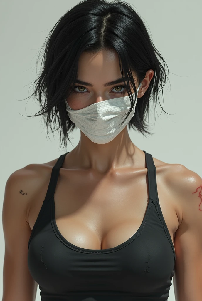 Woman with her face bandaged  black short hair, scars down her eyes, white skin, training clothing, strong body, piercing gaze, not so young