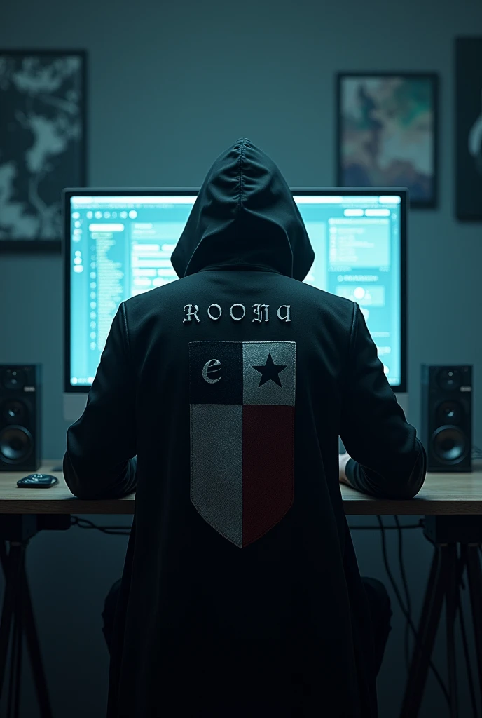 Man sitting with his back to a monitor wearing a hacker coat with a name on the back that says "King E" and have the flag of Panama on the back next to the name "King E"