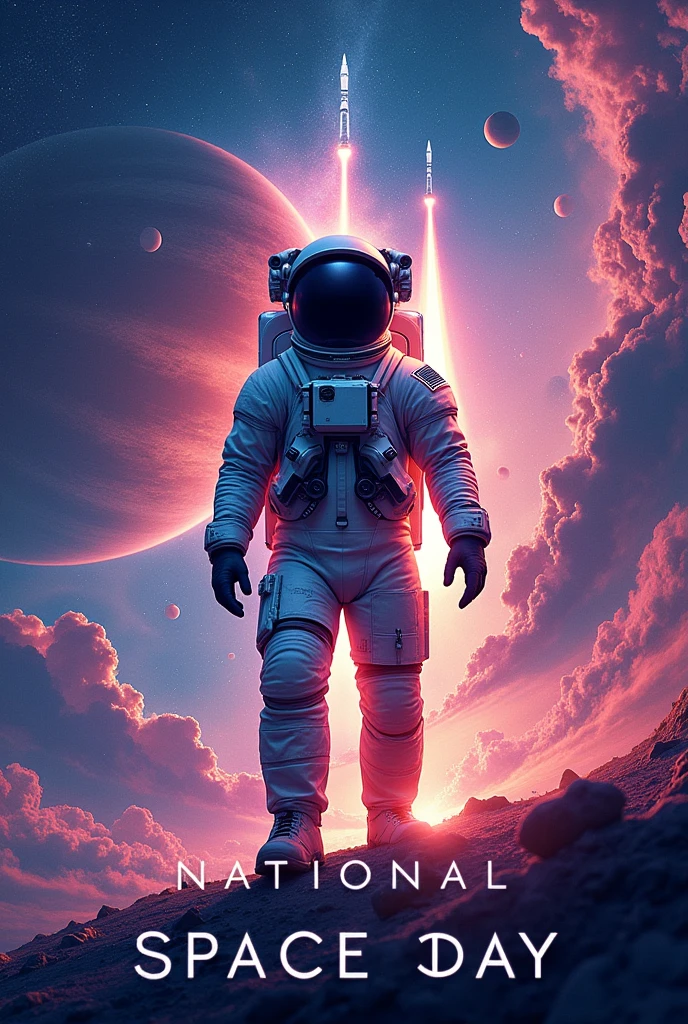Create me a poster for national space day with rocket planets stars space stations astronaut and give wordings as national space day 