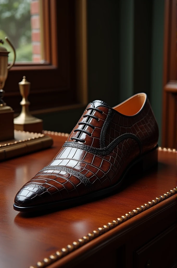 A shoe with crocodile skin
