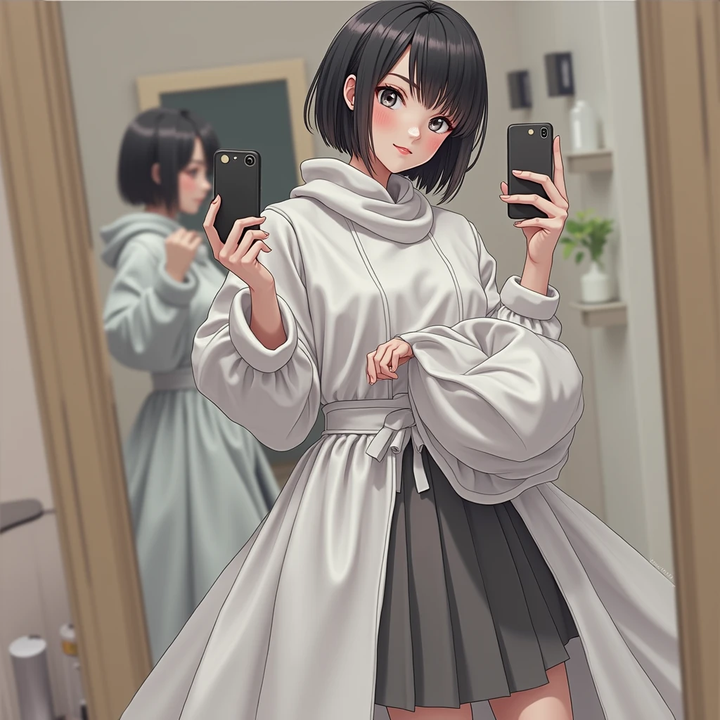 RAW photo, best quality, masterpiece, ((photorealistic)), Polish girl, 20 years old, black hair, Light grey eyes, short bob cut, hair in 7 thirds, hair over one ear, Symmetrical eyes, Detailed Skin, Detailed face, Detailed hands, Big Breasts, rip gloss, She is getting a haircut in a stylish beauty salon, taking a selfie in the mirror, full body, iPhone 15, staring at smartphone, smiling