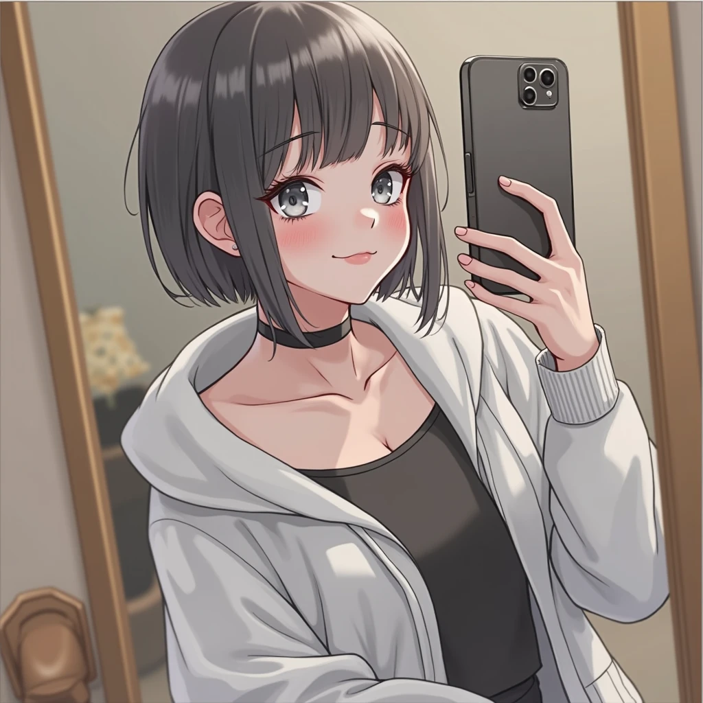 RAW photo, best quality, masterpiece, ((photorealistic)), Polish girl, 20 years old, black hair, Light grey eyes, short bob cut, hair in 7 thirds, hair over one ear, Symmetrical eyes, Detailed Skin, Detailed face, Detailed hands, Big Breasts, rip gloss, She is getting a haircut in a stylish beauty salon, taking a selfie in the mirror, full body, iPhone 15, staring at smartphone, smiling