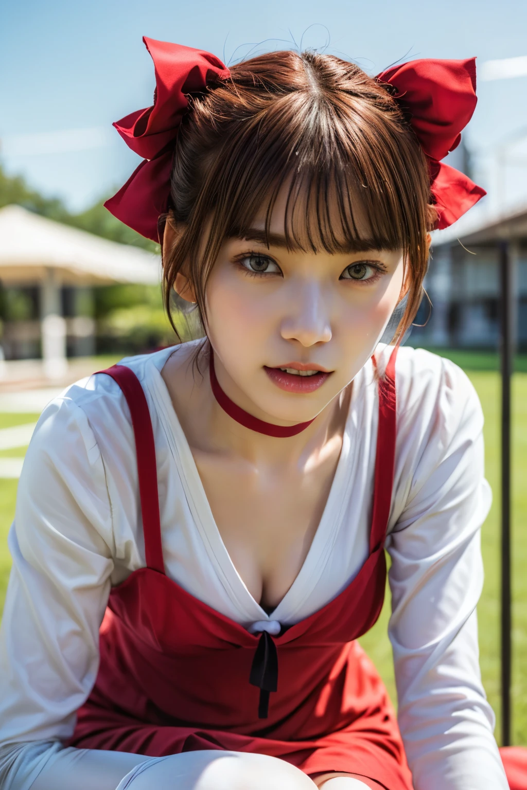 (photo-realistic,realistic:1.4), (best quality, masterpiece:1.2), RAW photo, high resolution, intricate details, extremely detailed, sharp focus, cinematic lighting,
solo, 1girl, a Japanese girl, (dynamic pose), (detailed face, beautiful detailed eyes, beautiful pupils, sophisticated nose), pale skin,
(brown hair, short hair, bangs), collarbone, cotton clothes, long sleeve, white shirt, blooch tie, (red cami dress), red choker, (red hair ribbon barrette), red ankle strap pumps, photo background, outdoors,