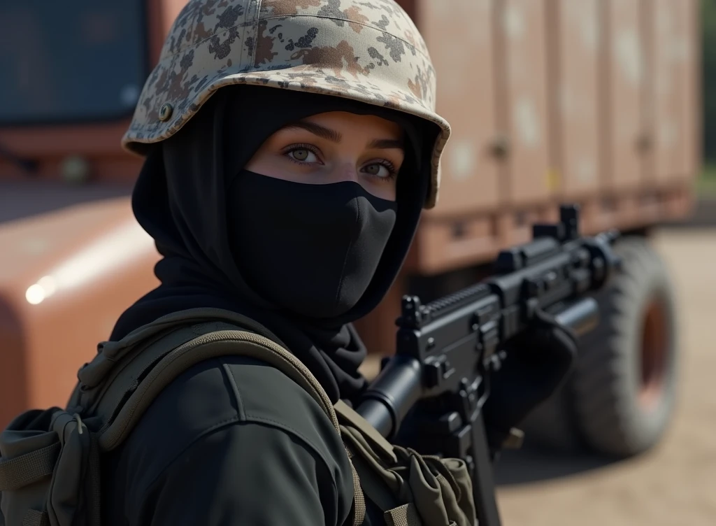 Alafed Truck with gun on back, Afghan fighters, French special forces, heavily armed, Taliban, Kurdish soldiers, heavily armored, military vehicle, military weapons, military equipment, Truck, camouflage, special forces security, modern military equipment, carrying rifle, shoulder mounted weapon, gun posing in front of Truck A female soldier, ((masterpiece, of the highest quality, Maximum image quality, High resolution, photorealistic, raw photo, 8k)), ((Extremely detailed 8k unified CG wallpaper)), (huge shot of stunning goddess, Very hot and sexy, Amazing beauty, perfect proportions, beautiful body, slim body beauty:1.4),