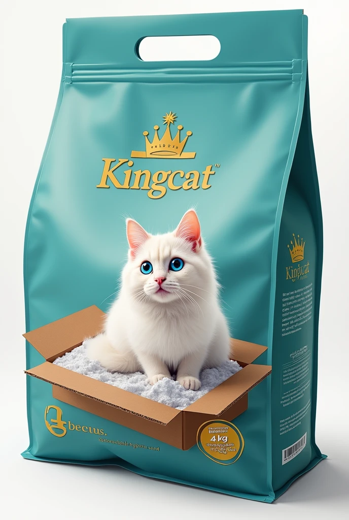 create a 4kg plastic bag for cat litter. It has to have turquoise colors , golden and white, a realistic photo of a white cat with blue eyes sitting in a box with white sand with a charming look and a king's crown. It must have the name kingcat on the side of the package and it must have the phrase, " Biodegradable Hygenic Sand"