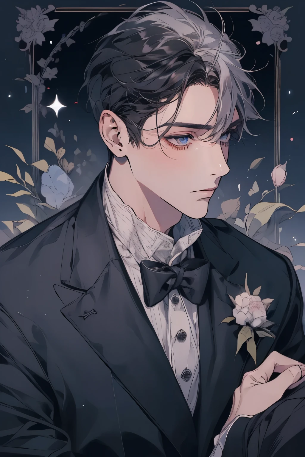 (Mastepiece)、(Best Quality)、Very detailed、((Two friendly men:1.4))、Perfect Face、Beautiful Face、Very detailed顔、(Black-haired man:1.3)、(Grey-haired man:1.3)、shirt、suit