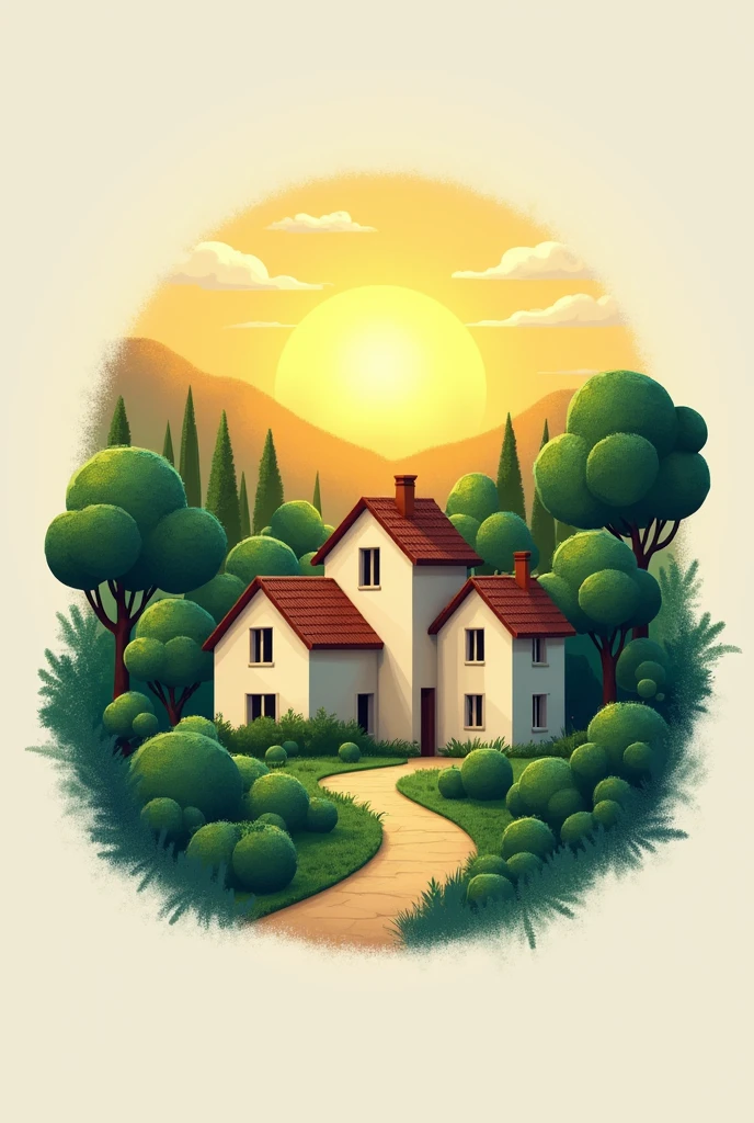 I want to make a housing complex logo " Cluster harmony in harmony " With a natural theme, many trees with sunrise