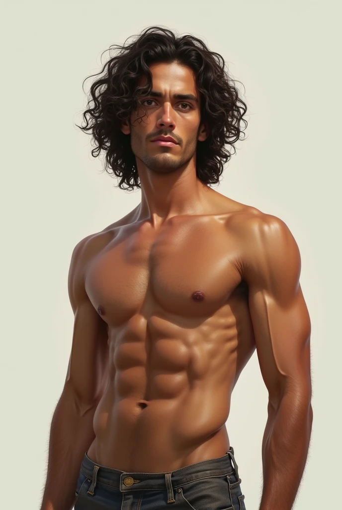 Make a good MAN with curly, dark brown and long hair, thin physique with completely naked muscle