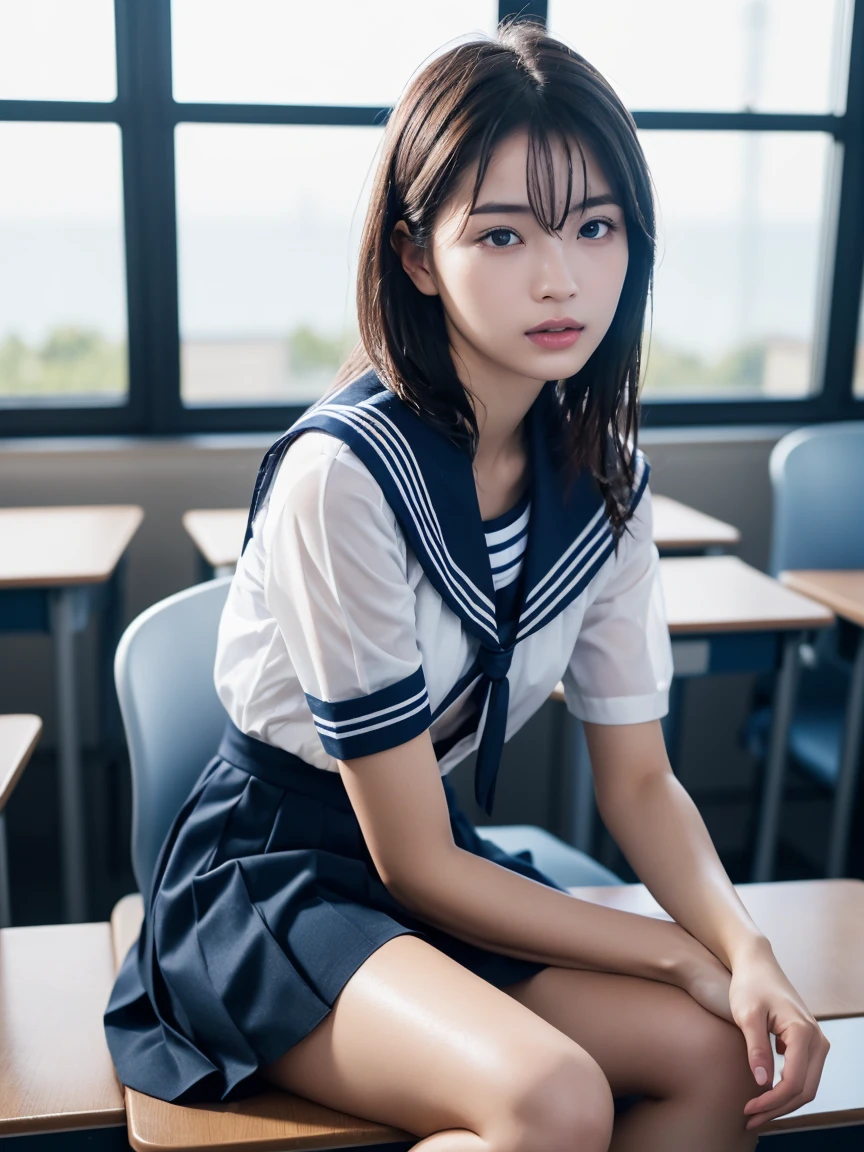 masterpiece:1.2, Very detailed, Ultra-high resolution, Realistic, photo Realistic:1.6,High-resolution RAW color photos, Professional photos, Sharp focus:1.2, Very detailed顔と肌の質感, Very beautiful eyes, Glossのある肌, Glowing Skin, Glowing Skin, Shining Face, Gloss, Oily skin, greasy face, Oily skin, greasy face, real Glossのある肌 texture, Perfect Anatomy, Very detailed背景,(High school classroom at night),1 female,25-year-old woman, Japanese women,short hair, Straight hair, bangs, Brown Hair,((Flat Chest:1.6)),Slender legs, ((White short-sleeved sailor suit、Navy blue pleated skirt:1.5、Sexy T-panties under skirt)),((sit at a desk with your knees up:1.4))、((A wet and very transparent sailor uniform:1.4))、((A bra under a transparent sailor uniform:1.4))、Side view:1.5