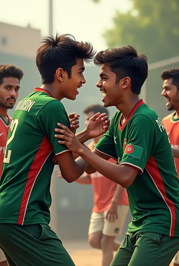 জার্সিতে বাংলাদেশ লেখা থাকবে এমন একটি ছেলে এবং জার্সিতে পাকিস্তান লেখা থাকবে এমন একটি ছেলে দুজন মিলে জার্সিতে ইন্ডিয়া লেখা থাকবে এমন একটি ছেলেকে লাত্থি দিয়েছে 