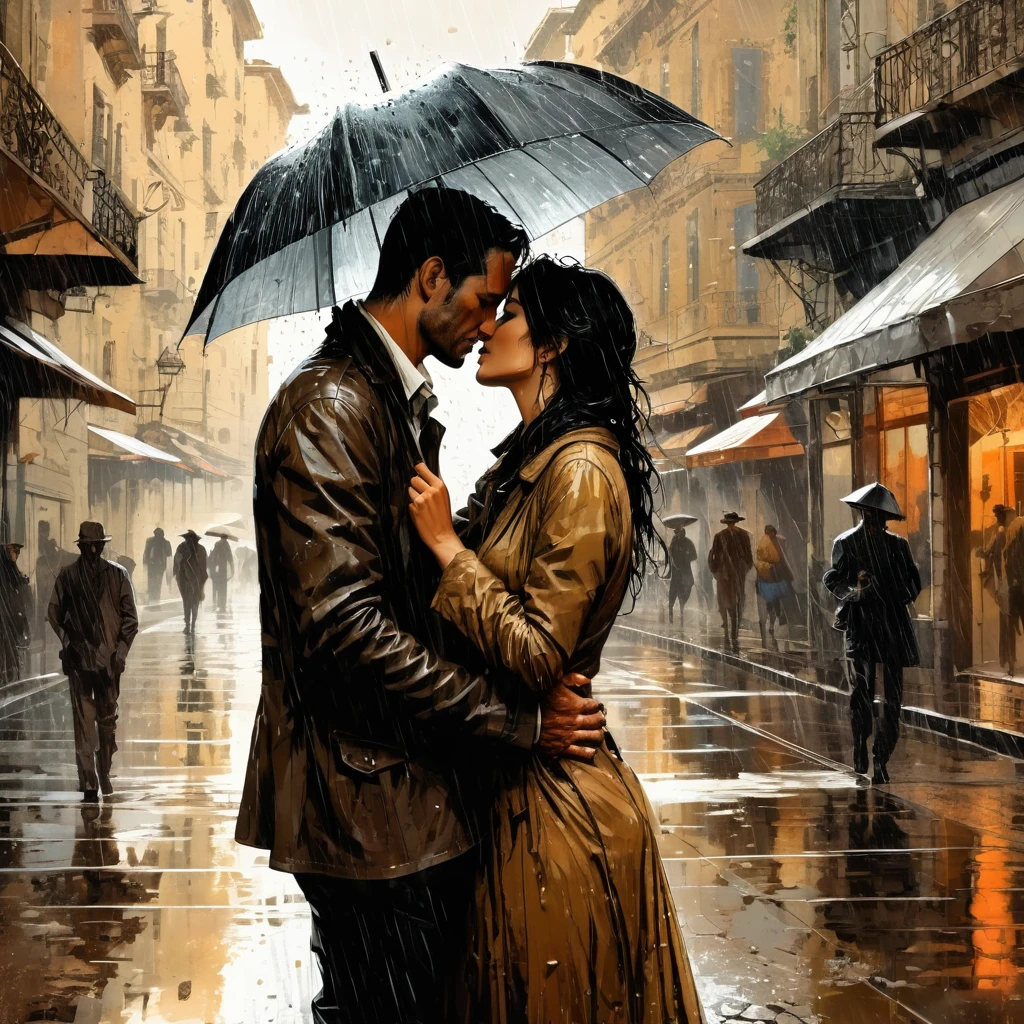 a digital wallpaper, I remember the time we were in love kissing, consistent character,  muted colors, dramatic composition, nostalgic, digital painting, rainy, emotionally profound, leaving an indelible and haunting impression on psyche, unforgettable, very intricate, by Milo Manara and Russ Mills