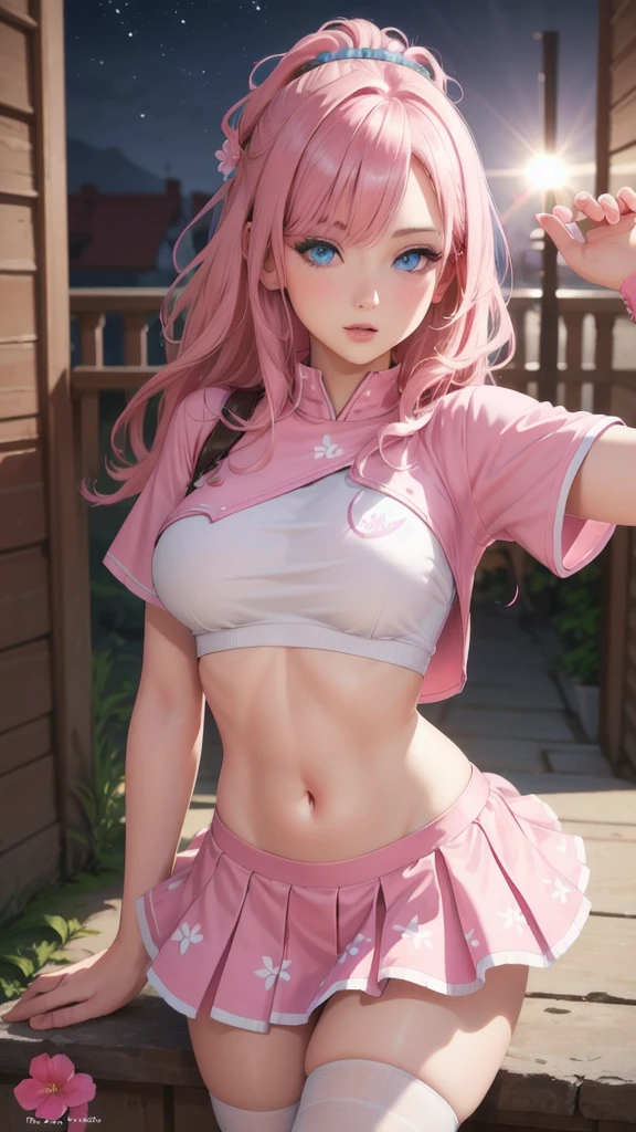 4K realistic，Pink Long Hair，JK skirt，pink Bras，white  panties，White suspender stockings，With a shy face，Full body like，There are heads，big pink eyes，Wind-blown panties