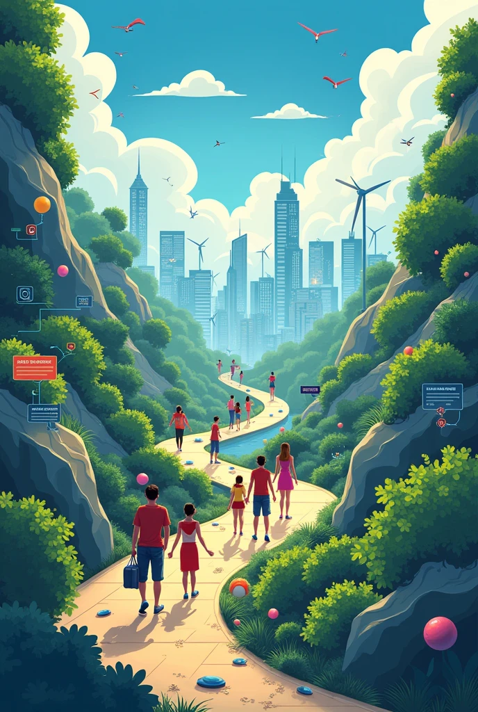 help me build an easy drawing picture with a concept " From clicks to progress: Youth Digital Pathways for Sustainable Development"