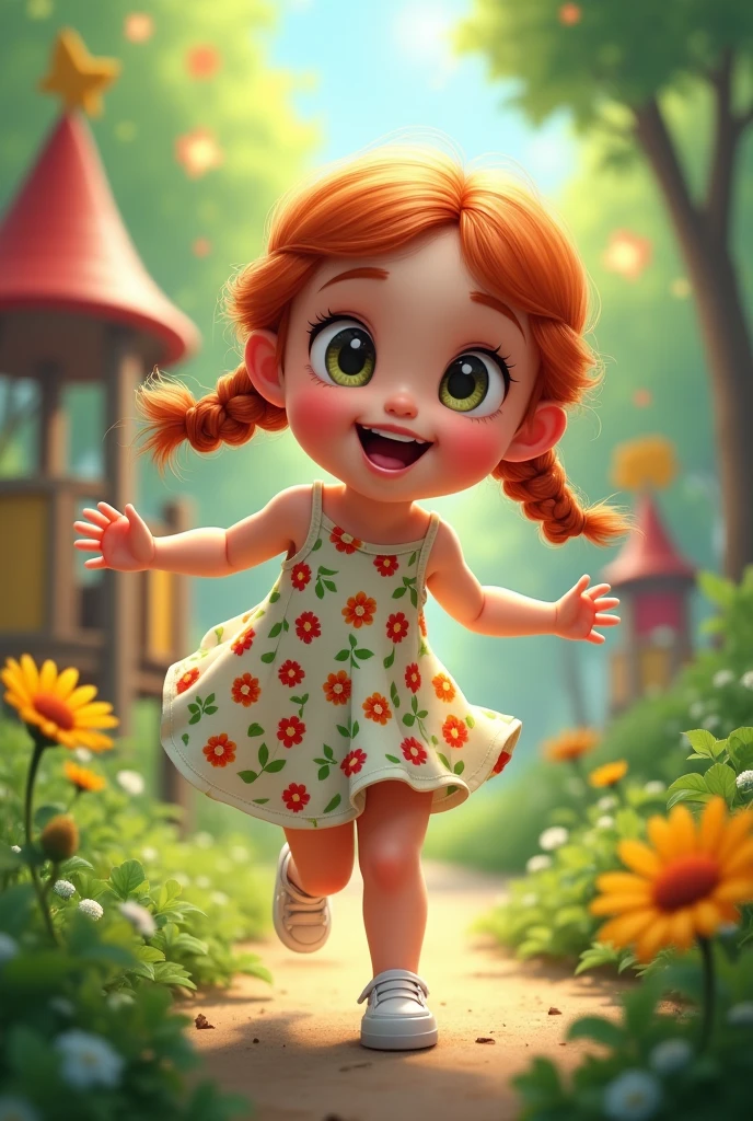 A red-haired  with two braids in her hair playing in the playground wearing a flower-print dress and white ballet flats