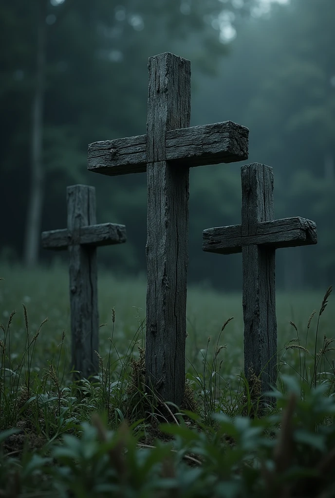 Very realistic dark photo Three very old wooden crosses in the grass in gothic style