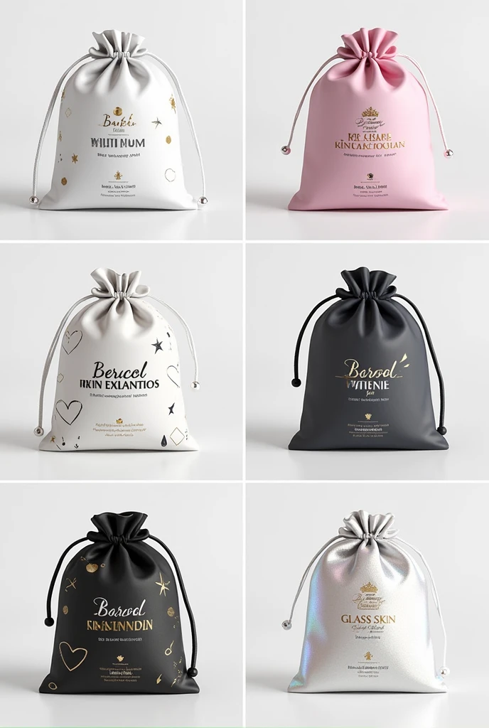Generate this:
- **Kili Power Whitening Soap:** White or light gray pouch with a subtle pattern of stars or lightning bolts, symbolizing power and brightness.
- **Barbie Whitening Soap:** Soft pink pouch with a subtle shimmer, featuring small heart or crown motifs, reflecting the playful and glamorous essence of the Barbie brand.
- **Charcoal Niacinamide Soap:** Matte black or dark gray pouch with minimalist silver geometric lines, representing the sleek and purifying properties of charcoal.
- **Glass Skin Soap:** Transparent or light pastel pouch with a holographic finish, featuring small water droplet or crystal motifs, symbolizing clarity and radiance.
**Brand and Product Label:**
- **Front Label:** A small, elegant design. Use a metallic or embossed font to display the brand name "BEENISHA SKIN ESSENTIALS" at the top, followed by the product name (e.g., "Kili Power Whitening Soap") in a slightly smaller font.
- Back Label:On the back, include key details such as:
- Ingredients: A brief list of the main active ingredients.
- Benefits: A short description highlighting the primary benefits (e.g., "For powerful whitening and smooth underarms").
- Usage Instructions: Simple steps for using the soap effectively.
- **Barcode:** For easy scanning at checkout.
- **Website/Social Media:** A small line with your brand's website or social media handle for further engagement.
**5. Additional Elements:**
- **Ribbon or Bow:** Add a small ribbon or bow near the drawstring in a matching color to the pouch. This adds a cute and decorative touch, making it gift-ready.
- **Scent Sachet:** Include a mini sachet with a fragrance that matches the soap inside (e.g., floral for Barbie Whitening Soap, fresh linen for Kili Power Whitening Soap) as a bonus, enhancing the unboxing experience.
- **Eco-Friendly Tag:** Attach a small, recyclable tag that emphasizes the eco-friendly nature of the pouch and the importance of reusing or recycling it.
- The design should be consisten