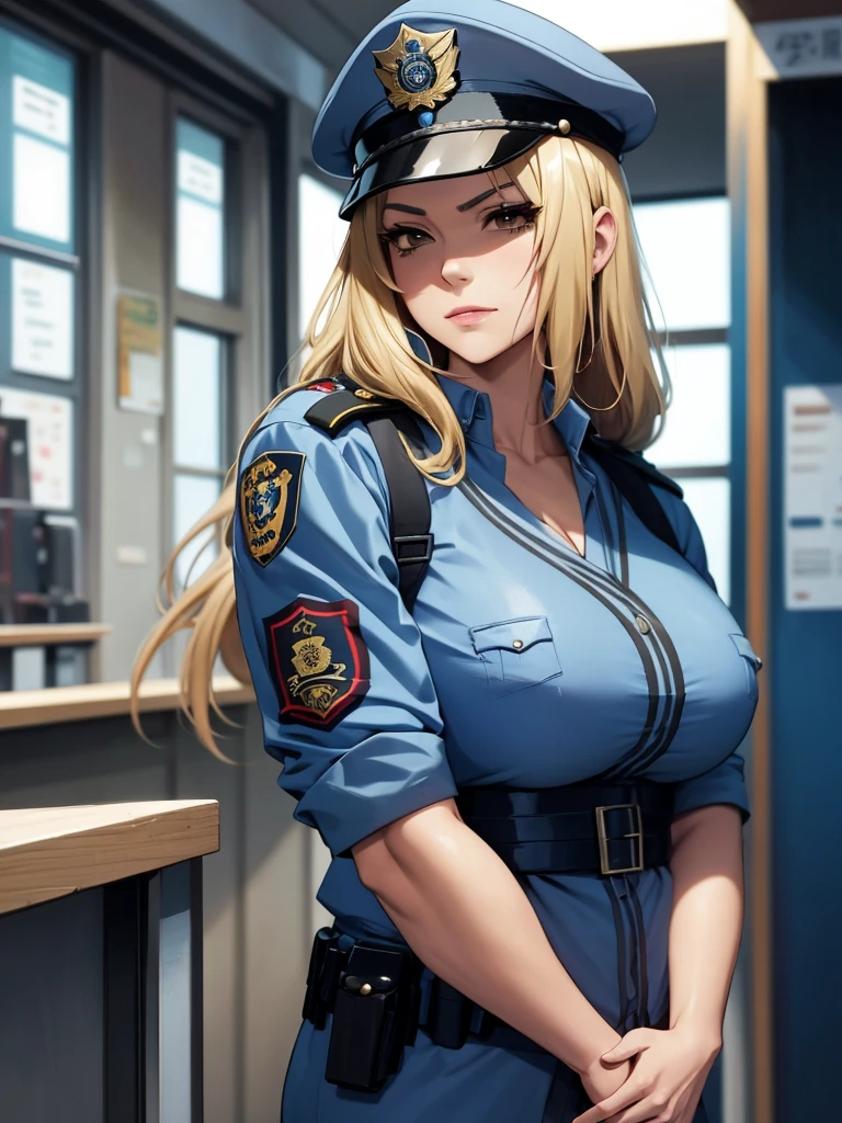 (Tsunade), 1woman, as a police lady, wearing a police lady, wearing police uniform, at a police station, blonde hair, 8k, high detailed, high quality