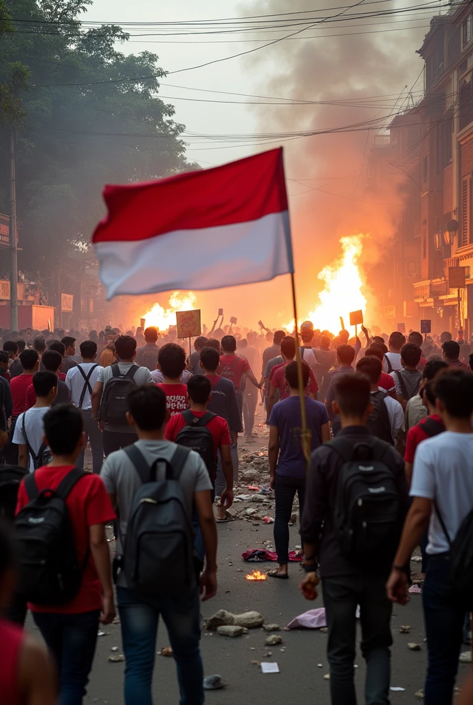 Photo of a demonstration by students and the public throwing stones at each other and lighting fires. Some of the demonstrators were carrying the Indonesian red and white flag.. And there are those who carry Molotov bombs
