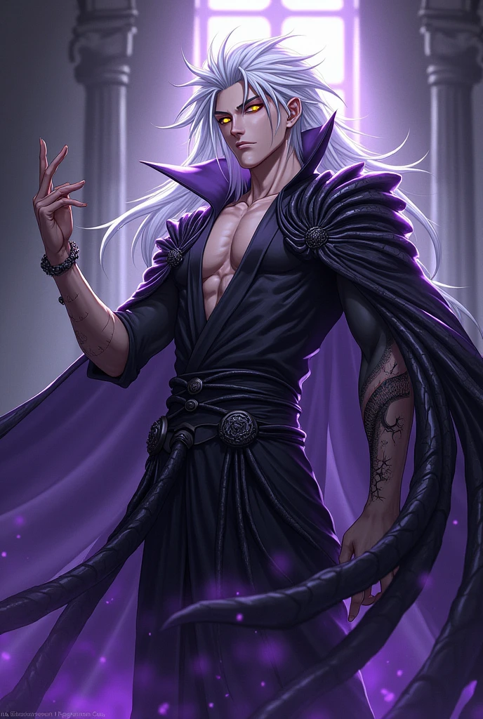 I want you to create a character that has gravity abilities and is a necromancer and has yellow eyes and white hair and a half draconic arm and has a spider cloak, the cloak is black and white, and I want you to make it a male anime version, now make this character using the 2 skills, he sadistic, right arm is dragon and the left is human, make him with a purple aura, black and white cloak, long hair