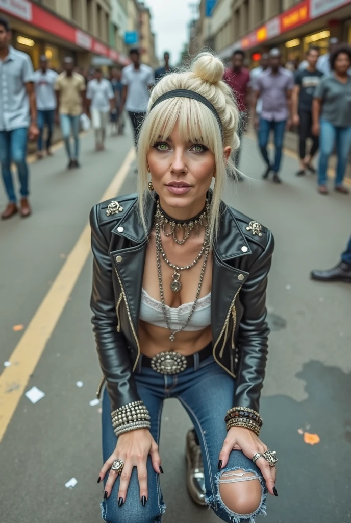 Anglosaxon old milf woman, , blonde platinum hair (beehive bun, black parsley headband), with very light green eyes, extremely pale. Wearing oversized square black maxisunglasses Wearing studded cropped black moto jacket (verical zippers on the sides). Black lace push up bra, dark blueskinny, tight low rise jeans (holes in knees). Silver Chelsea boots with cuban heels. Lots of thick wide studded bracelets, chain collars and big rings. Tacky wide studded leather belt, with big skull and bones round buckle. Long earrings with chains. Squatting on a large ragged, dirty usa flag, looking at the photographer. Craving heavily. Hands on knees. Waste and trash all over the floor. Her studded leather bag, thron away. Looking at the camera, chin up. Toned abdominals, thin neck, slim legs and thin arms. Neck, chest, belly, hands and arms completely tattoed. Street of Nairobi, crowded with muscular shirtless men in jeans, street full of puddles and garbage