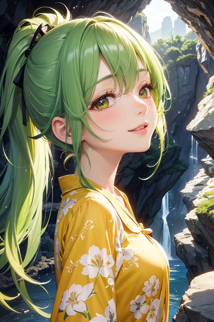 profile, (sightseeing style), (looking up, solo:2, 15 yo), (beautiful ponytail) (glossy beautiful green hair long hair) (beautiful cute girl), (glossy lip, happy smile, best beauty closed eyes), (medium tits), in a casual yellow tropical blouse, short pants, break, deep in the darkness Limestone cave of Gyokusendo cave, BREAK, perfect anatomy, masterpiece, best quality, 16k, beautiful detailed Dim, daydreaming expression.