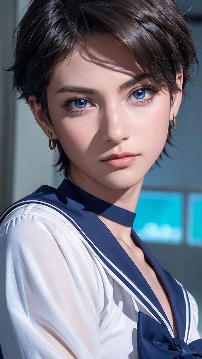 solve,Sharp focus、(Very detailedな,Very detailed)、(Photorealistic artwork:1.37)、(Very detailed CG unity 8k wallpaper)、(((Vibrant colors,Vivid Themes)))、(Complex)、(masterpiece)、(Highest quality)、Artistic photography、(photo shoot：sldr)、(Complex background)、perfectly rendered face、Perfect facial details、Realistic Face、((Complex detail)),(((realism))),フォトrealism ]!!!、Smooth anime CG art、アニメrealism、3D Anime Real(masterpiece、Premium Quality:1.2)、Pictures of boys、Beautiful Boy、金髪The Boy of、Medium short hair boy、耳を覆っている短い髪The Boy of、Japan Boy、cute、The Boy of、Slim Boy、細身The Boy of、Neutral boy、Femboy、Feminine boy, Soft Body Line、細身The Boy of、shiny and smooth skin、((Flat Chest 1.5))、A boy who resembles Yoshino Hokuto、(Costume of Sailor Uranus: 1.2)、Sailor Uranus、Sailor Moon、choker、Observe the audience、Beautiful ass、Full Photo