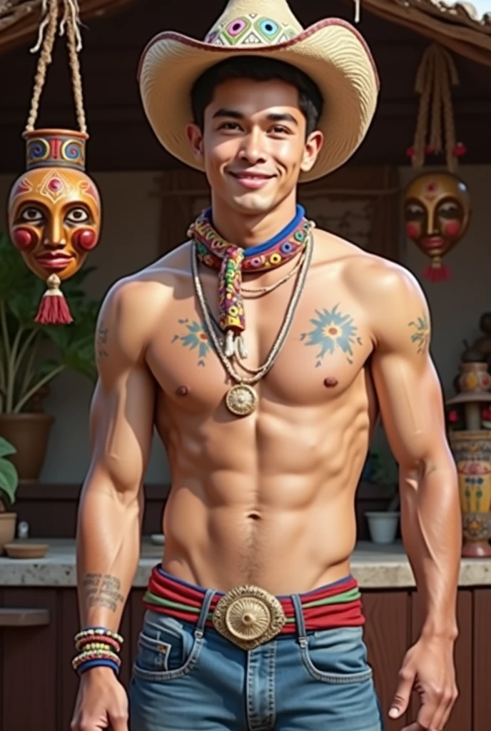 A handsome young man in a typical Paraguayan winged cambuchi costume with a scarf and Paraguayan faces and crafts behind him