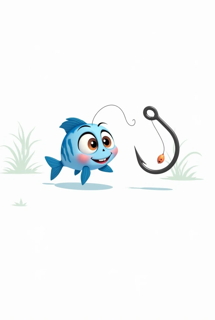 Create the image of the little blue fish approaching the baited hook 