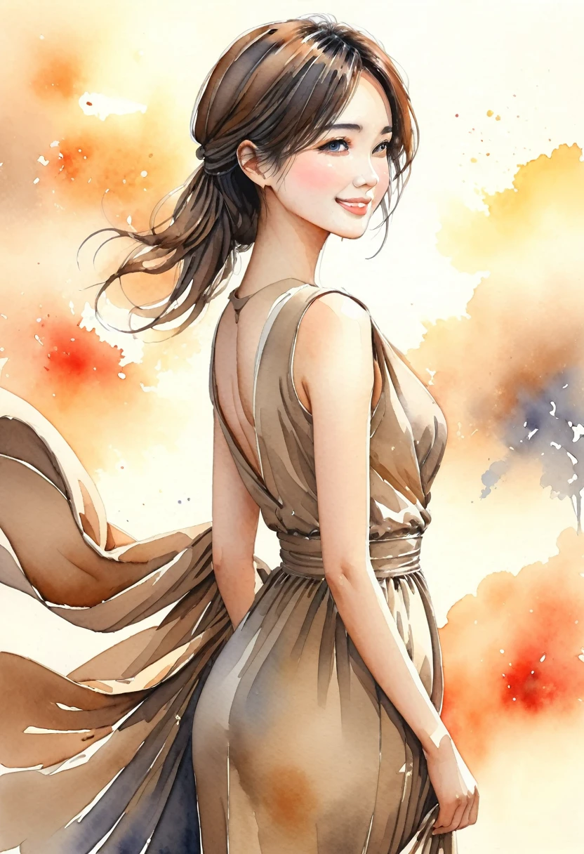 8K,Masterpiece,Top Quality,Dynamic Pose,Beautiful Woman with Long Hair,Smile: 1.6,Japanese Beauty,Create an image of a sexy sleeveless dress that accentuates the body's curves. The dress features an asymmetrical drape that runs diagonally from the left shoulder to the right side, adding a dramatic flair and enhancing the allure of the design. The dress hugs the body tightly from the waist down, emphasizing the hips and thighs, and ends just below the knees with a sleek midi length. The color is a sultry beige that adds to the seductive appeal of the dress. The design is plain and without patterns, allowing the provocative drape and form-fitting silhouette to be the main attraction,(((Watercolor)))
