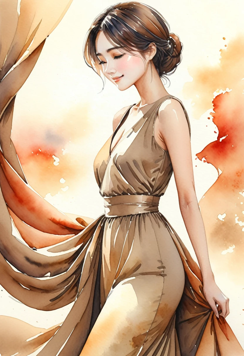 8K,Masterpiece,Top Quality,Dynamic Pose,Beautiful Woman with Long Hair,Smile: 1.6,Japanese Beauty,Create an image of a sleeveless dress with a classic and sophisticated silhouette. The dress features an asymmetrical design with draping that extends diagonally from the left shoulder to the right side, adding a sense of depth and elegance. The fit is tight from the waist down, following the contours of the body, and the length of the dress reaches just below the knees, making it a midi dress. The color of the dress is a muted beige, which enhances its understated yet refined appearance. The dress is plain without any patterns, with the drape and fitted silhouette being the main highlights,(((Watercolor)))