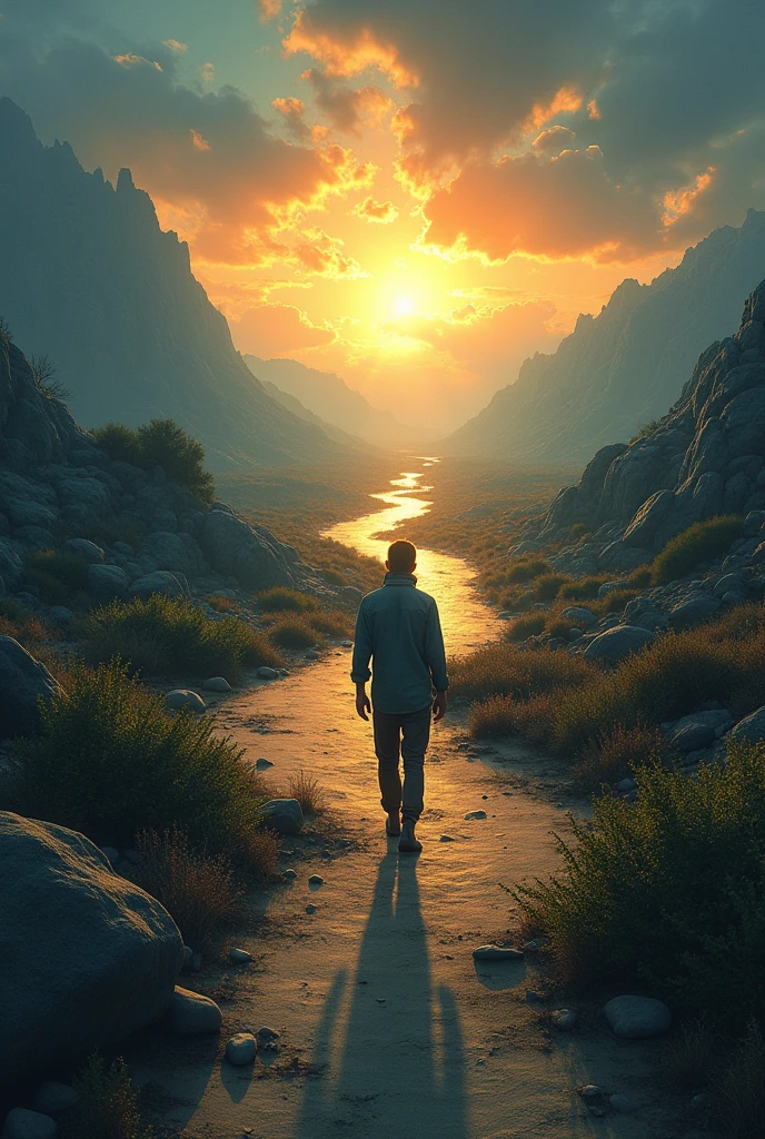 A symbolic journey representing 'The Path to Transformation.' A figure is walking down a long, winding path that leads through diverse landscapes—starting in a dark, barren area and gradually transitioning to a vibrant, lush environment. Along the way, obstacles like boulders and thorny bushes represent challenges overcome. The figure's posture changes from slouched and weary at the beginning to upright and confident as they progress. The sky above shifts from stormy clouds to a bright, hopeful horizon, symbolizing the profound inner and outer transformation achieved through perseverance and growth.