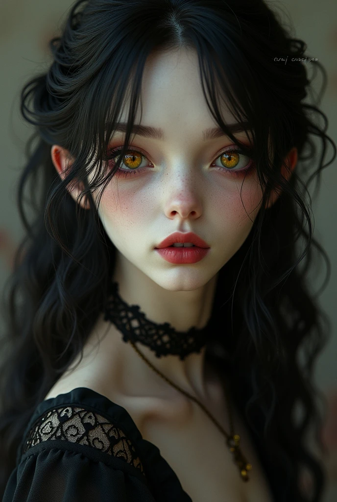 A girl with a dark aura, mysterious and attractive,despite a sweet face.
thin and striking face, full and naturally red lips,yellow eyes with a striking shape,that look that makes anyone shiver, long  hair,black and wavy,voluminous.
pale skin.
Delicate gold accessories.