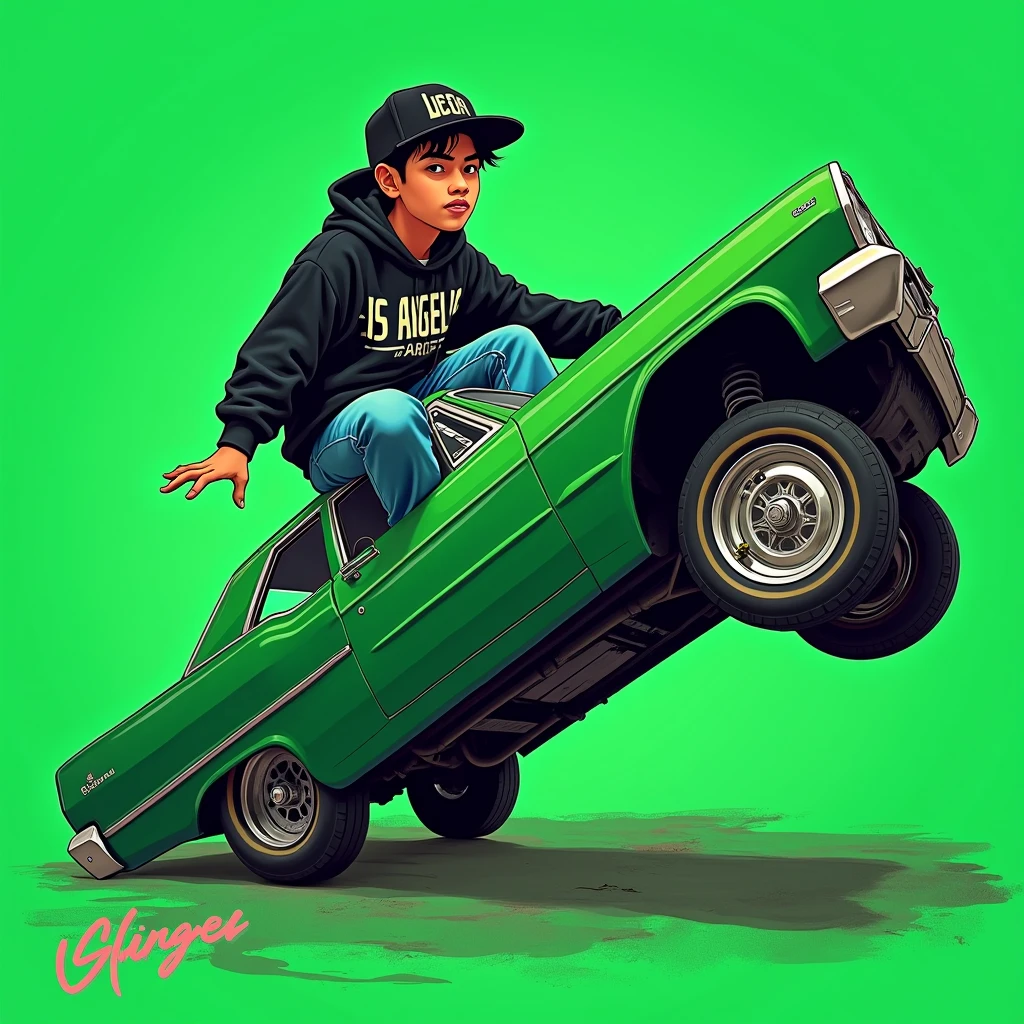 G-FUNK Hip Hop Album Cover, Green Background, Green Car, With If WONA behemes a gangster on the back of the painting, an Asian ager wearing a black LA hoodie, a black LA ball cap with a deep press and a wide blue jeans, lets one sit on top of the car and pull it out to the side. Lift the front wheel like a cartoon