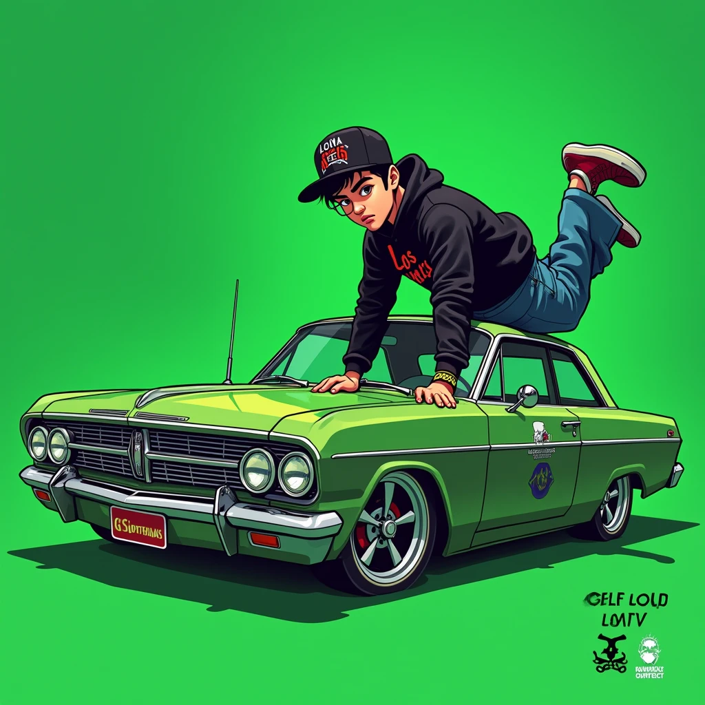 G-FUNK Hip Hop Album Cover, Green Background, Green Car, With If WONA behemes a gangster on the back of the painting, an Asian teenager wearing a black LA hoodie, a black LA ball cap with a deep press and a wide blue jeans, lets one sit on top of the car and pull it out to the side. Lift the front wheel like a cartoon