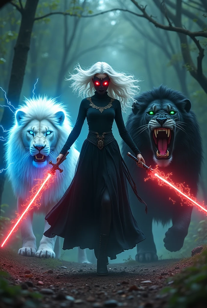  beautiful taller white danger girl eye glowing red   aura cute face black mask  take sword glowing red aura white  wavy long  bohemian hair warrior black dress biggest white lion glowing green eyes horror background in forest big black lion roar when attack monster front side attack lion skin glowing  with double sword blu lightning jump position above the lion  
   