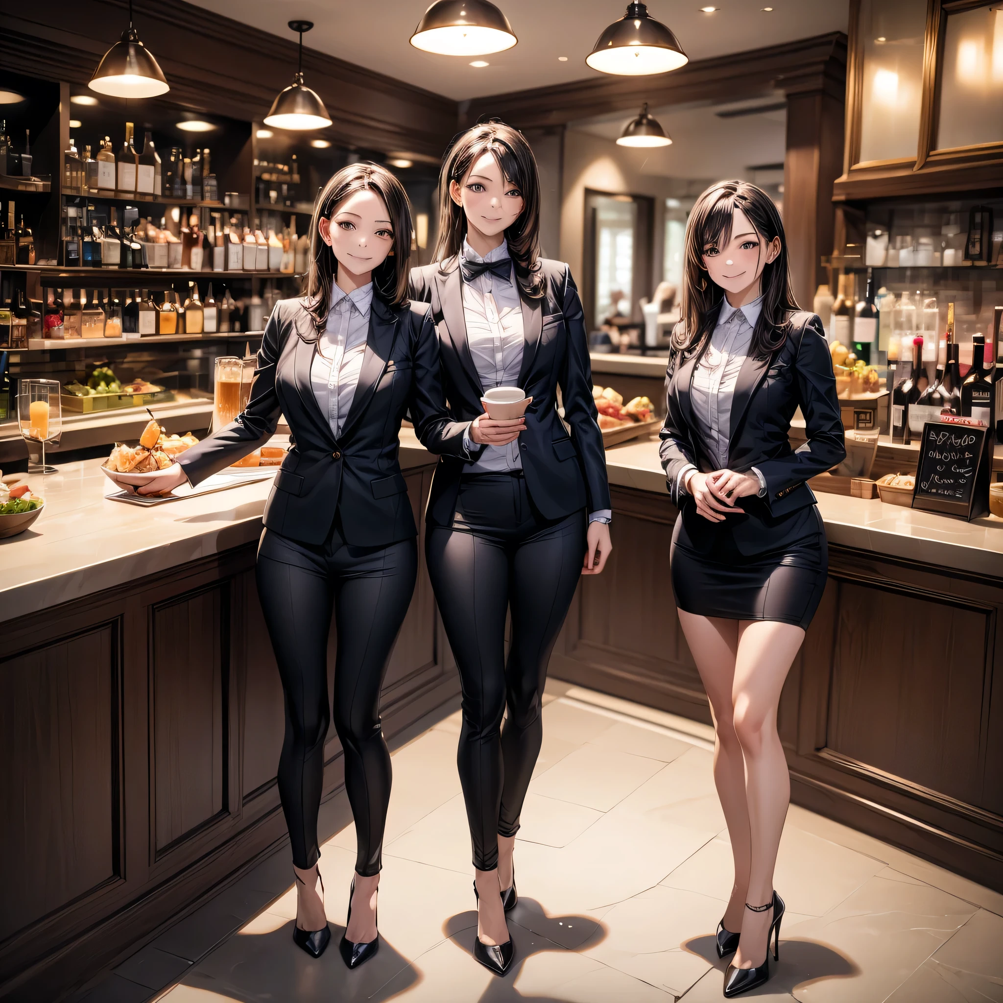 (masterpiece:1.3),(best quality, highest quality),((Full Body Shot,Including face)),girls,4K,masterpiece,((Focus on the face)),((Symmetrical facial features)),Beautiful woman,(Slender),((High heels)),Detailed depiction of the face, Cafe clerk ,In front of the bar counter,profile,Slenderな女性,In a suit,Age 25,(smirk),OL